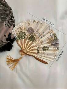 精美复古水墨画折扇，流苏装饰，手工中国风工艺扇，便携设计，男女通用，适合日常使用，母亲节礼物，春夏派对最佳选择，图案位置随意，夏季清凉，海滩旅行 - 彩色 - 查看 3