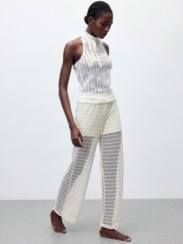 SHEIN Maija Calça de Perna Reta de Cintura Elástica com Bolso Lateral Transparente de Renda, Estilo Boêmio Primavera/Verão 2025, Adequada para Convidado de Casamento, Brunch, Aeroporto, Festa Diária, Festival de Música