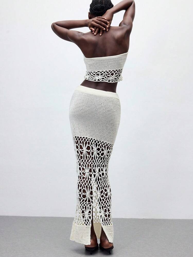 SHEIN Maija Women's Hollow-Out Solid Color Casual Vacation Knit Skirt