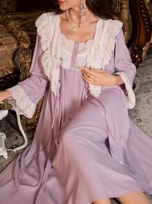 PalaceNights 2pcs Women's Floral Embroidery Splice Satin Long Sleeve Robe And Long Nightgown Pajama Set, Fall Winter Clothes - Purple - View 1