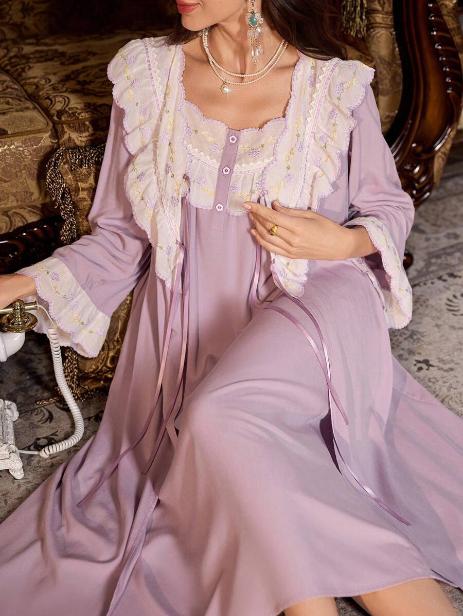 PalaceNights 2pcs Women's Floral Embroidery Splice Satin Long Sleeve Robe And Long Nightgown Pajama Set, Fall Winter Clothes - Purple - View 1