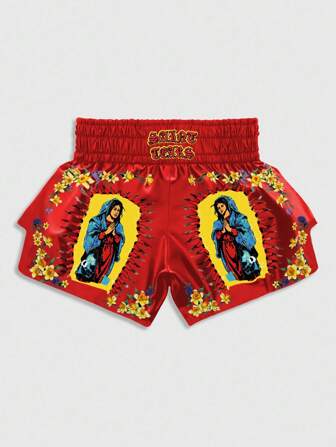 Anime Pantalones cortos de boxeo para hombre con estampado floral de la Virgen María