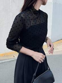 FRIFUL 女式纯黑色透明波尔卡圆点网眼高领休闲长袖上衣 - 黑色 - 查看 3