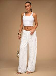 SHEIN BAE Quần ống rộng sequin cạp thấp cho nữ, thích hợp cho kỳ nghỉ hè ở bãi biển - trắng - Xem 5