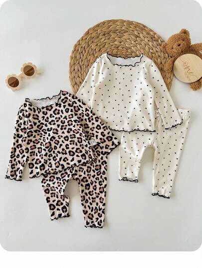 SHEIN 4pcs Newborn Baby Girl Cute Casual Knitted Leopard Dot Pattern Long Sleeve Top And Pants Set Leopard Print Baby Clothes Infant Girl Clothes Leopard Print Baby Girl Leopard Print Outfit Baby Girl Heart Print Outfit Toddler Girl Animal Print Fall Winter