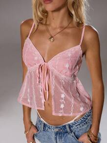 TRNVIE Camiseta de tirantes con bordado de pompones, de tela de gasa jacquard, para primavera/verano - Rosa - Ver 5