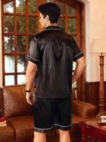 SHEIN Men Satin Letter Patched Binding PJ Set / Pajama Set - Black - View 2