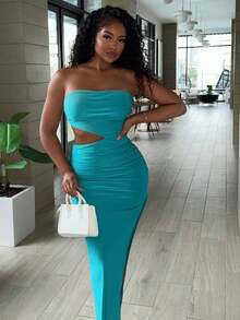 Alexandranx Women's Strapless Hollow Out Waist Side Slit Dress - Mint Blue - View 6