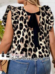 SHEIN CURVE+ 大码休闲优雅豹纹系带拼接蝴蝶袖圆领衬衫毕业、海滩度假