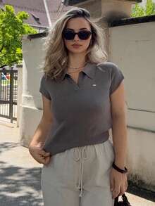 Jeta Ari Solid Fitted Ribbed Collar Casual Knit Top For Women, Spring/Summer - Grey - View 4