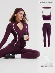 GLOWMODE Chaqueta con cremallera de manga larga FeatherFit™ Slim-It Streamline Performance con bolsillos seguros, para yoga de bajo impacto y uso diario en otoño - cola de cereza - Ver 7