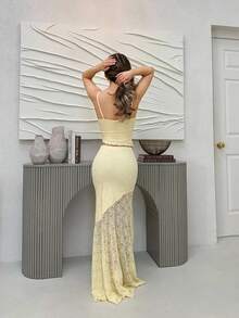 Jemour Women's Spring/Summer Vacation/Wedding Season Asymmetrical Lace Vest With Sheer Hem And Low Waist Fish Tail Ruffled Skirt 2-Piece Set - Apricot - View 2