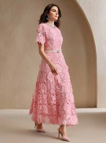 Anewsta Nuevos Llegados Vestido elegante entallado con cinturón, cuello redondo, manga corta, decoración de diamante rosa, encaje 3D floral de lujo - Rosa - Ver 7