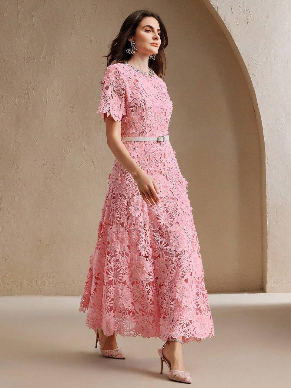 New Arrivals Pink Diamond Decor Round Neck Short Sleeve Luxe 3D Floral Lace Elegant Belted Fitted Dress