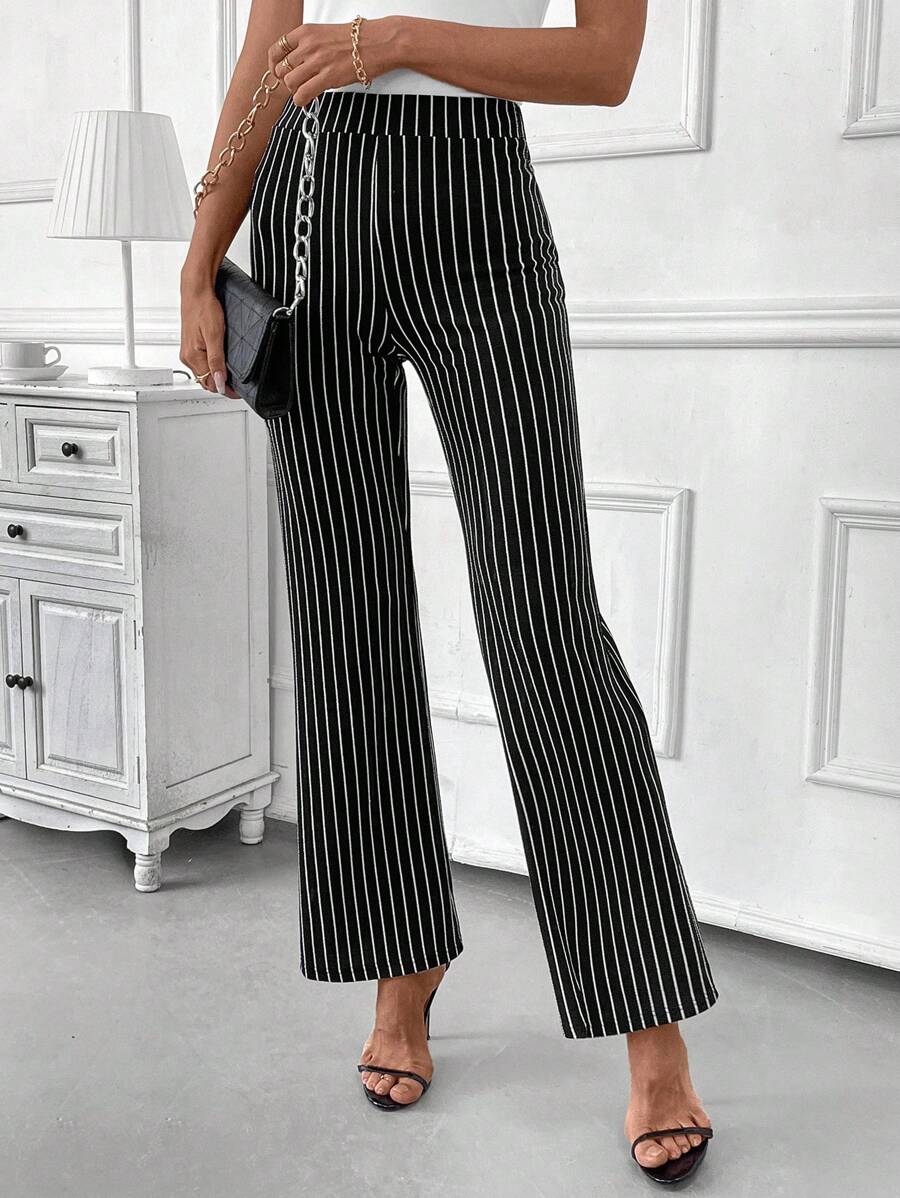 SHEIN Clasi Women's High Waisted Striped Flare Elegant Office Wear Pants - Black - View 1