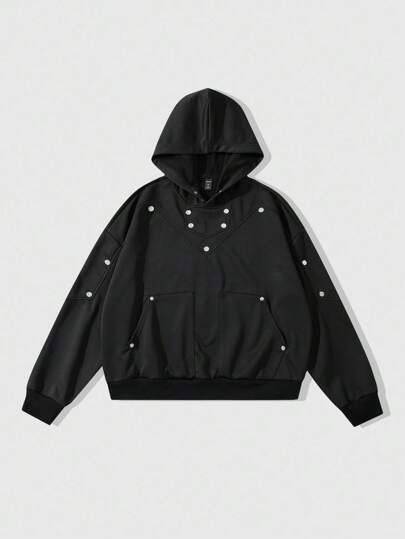 Street Life Sudadera con capucha de estilo suelto y recortado con remaches y parches para hombre
