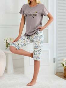 EURMUSE Conjunto de pijama de 2 piezas de 100% algodón con estampado de animales lindos, que incluye camisa y pantalón capri - Marrón Mocha - Ver 5