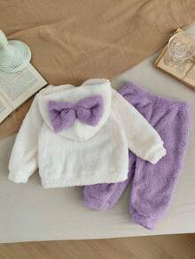 SHEIN LMoss Kids LMoss Babyflicka Söt Tecknad Mönster Fleecehuvtröja Och Resår I Midjan Rosa Byxor Set, Varm Vinteroutfit - Mauve Lila - Visa 2