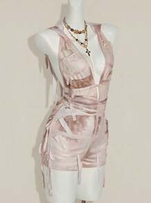 SHEIN ICON 女式复古纹理谷仓风格连帽腰带露背性感连体裤 - 杏色 - 查看 1