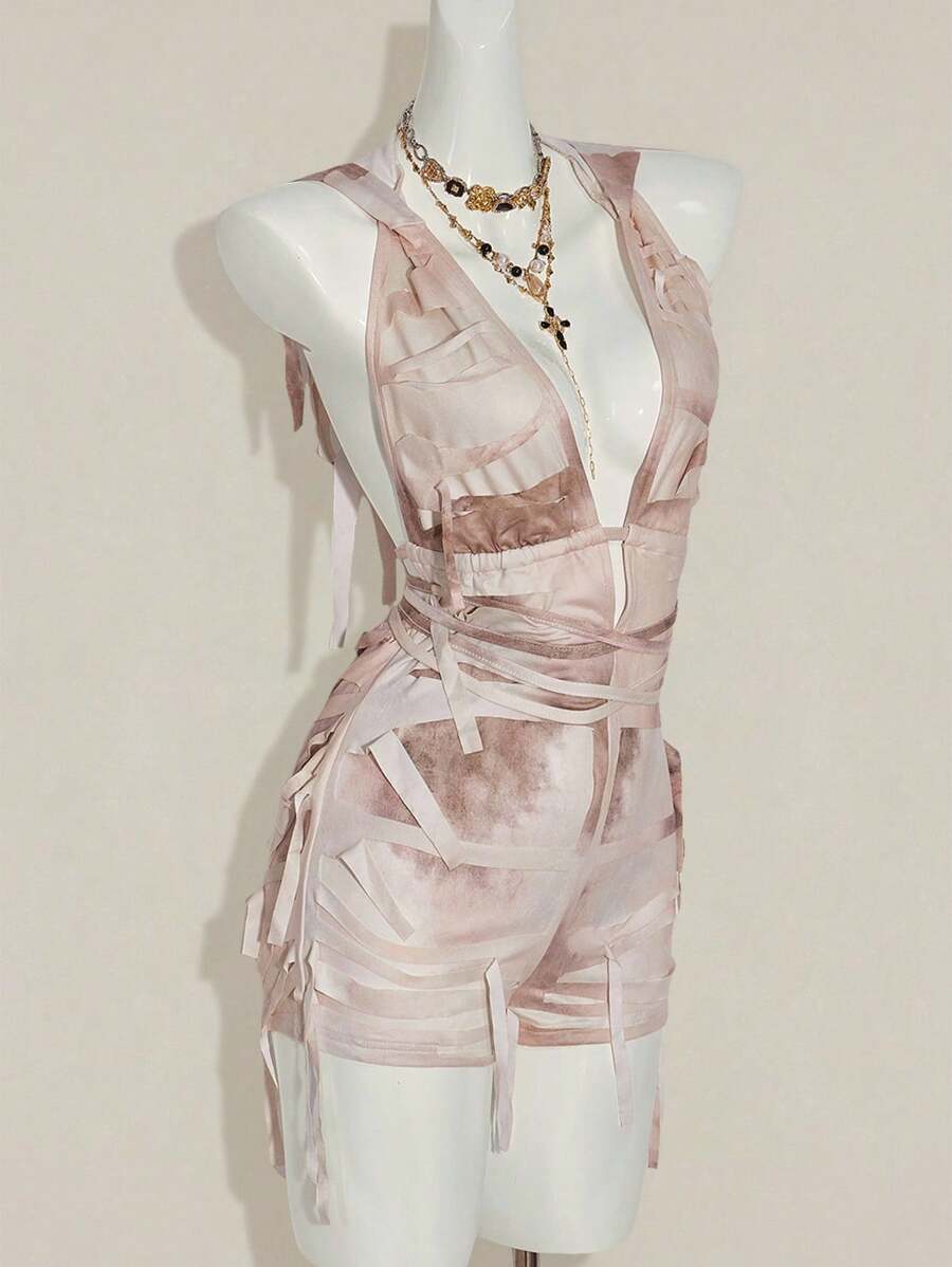 SHEIN ICON 女式复古纹理谷仓风格连帽腰带露背性感连体裤 - 杏色 - 查看 1