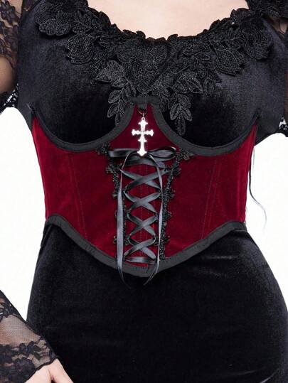 Grunge Punk 1pc Women's Lace-Up Decor Gothic Style Belted Dress, Versatile For Daily Wear, Halloween