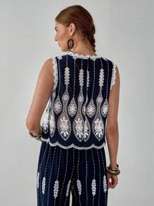 Florisole Tricou elegant boem, stil boem, cu guler rotund, bleumarin, alb, cu scobituri, broderie, fără mâneci, pentru primăvară și vară, pentru doamne, vacanță - Albastru marin - Vizualizare 2