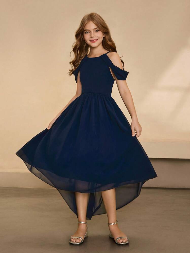 Girls Elegant Chic Minimalist Off-Shoulder High Waist Long Dress, Front Short Back Long Solid Color Chiffon Fabric, Graduation Prom Party Dress - Navy Blue - View 8