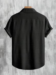 Manfinity Homme 男士純色簡約鈕扣休閒短袖襯衫，男友禮物，黑色短袖紋理鈕扣開襟，夏季時尚正式款 - 黑色 - 查看 2