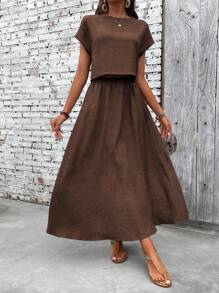 EMERY ROSE 2pcs/Set Women Solid Color Round Neck Batwing Sleeve Blouse & Mini Skirt Casual Summer Outfit - Coffee Brown - View 6