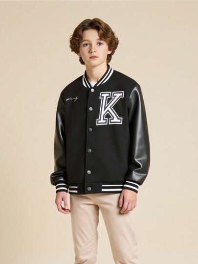 SHEIN Tween Boy Casual Patchwork Loose Fit Thicker Varsity Jacket, Back To School 2025, Suitable For Kids' Campus Sports Wear And Daily Fall Winter
