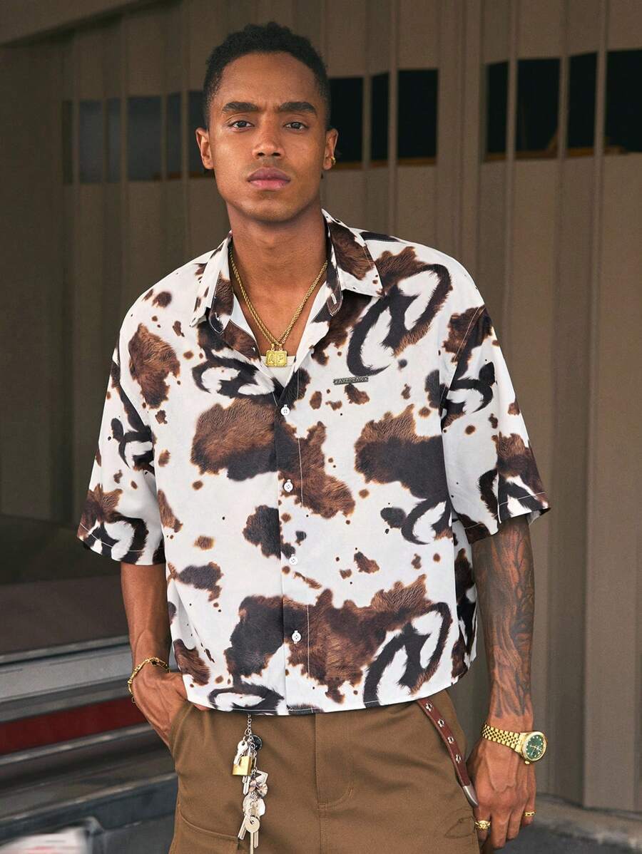 AXEPEAK Multi-Size Men's Turndown Collar Short Sleeve Loose Fit Printed Back Casual Shirts - Multicolor - View 1