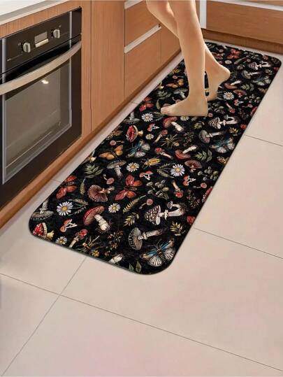 Hippie 1 pieza Alfombra con diseño de hongo gótico y polilla, Alfombrilla antideslizante para cocina con diseño floral oscuro, Almohadilla absorbente y resistente al agua para pasillo, baño y decoración de altar - Estilo gótico brujo, Artículos esenciales del hogar de Dark Academia, Decoración del hogar