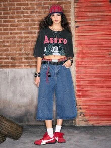 Astro Boy X ROMWE Women's Loose T-Shirt With Cartoon And Letter Pattern, Washed Snow Flake - Black - View 6
