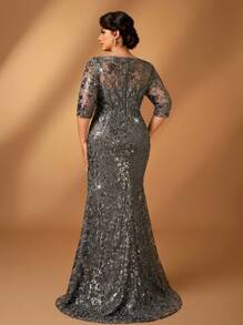 Serin Robe sirène à col V gris foncé élégante et luxueuse en maille sequins et dentelle brodée avec manches évasées. Convient pour les événements formels, les fêtes, les sorties, les vacances, les mariages, la mère de la mariée (grande taille)
