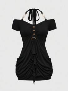ROMWE J-Fashion Women's Y2K Elegant Halter Chain Mini Dress, Solid Color - Black - View 1