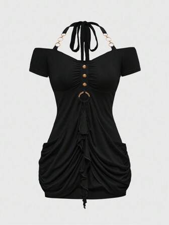 J-Fashion Damen Y2K elegantes Neckholder-Ketten-Minikleid, einfarbig