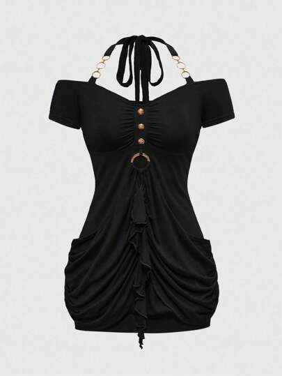 J-Fashion Vestido mini elegante con cadena en el cuello para mujer, unicolor, estilo Y2K