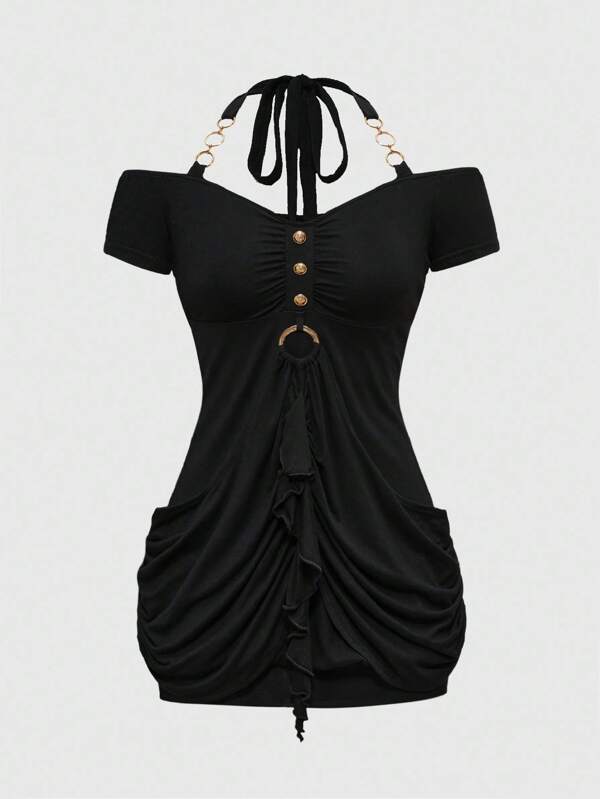 ROMWE J-Fashion 女士 Y2K 优雅挂脖链条迷你连衣裙，纯色