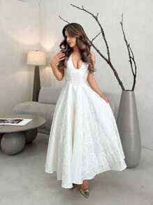 Jemour Váy dự tiệc buộc dây bằng vải satin jacquard thanh lịch dành cho nữ, phù hợp để mặc hàng ngày, hẹn hò, đi chơi, hộp đêm, tiệc tùng, phong cách công chúa có điểm nhấn là nơ, váy mùa thu, trang phục Halloween - Màu be - Xem 1