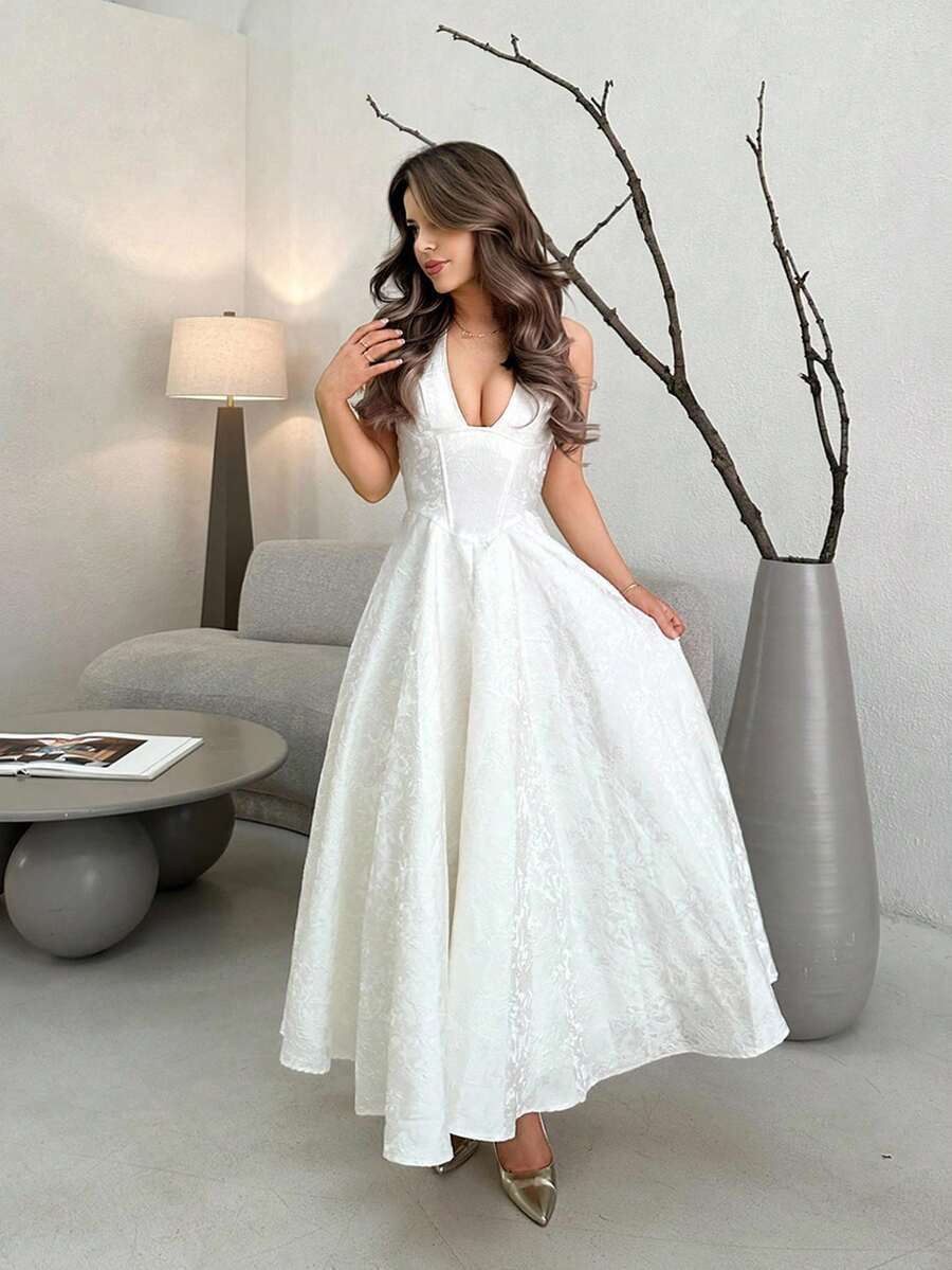 Jemour Váy dự tiệc buộc dây bằng vải satin jacquard thanh lịch dành cho nữ, phù hợp để mặc hàng ngày, hẹn hò, đi chơi, hộp đêm, tiệc tùng, phong cách công chúa có điểm nhấn là nơ, váy mùa thu, trang phục Halloween - Màu be - Xem 1