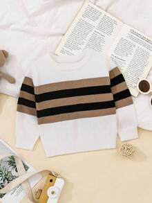 SHEIN Baby Boys Crew Neck Striped Patchwork Long Sleeve Sweaters, Multi-Color Fall Winter - White - View 5