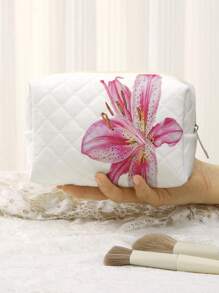 ROMWE Fairycore 白底粉百合花图案印花八角菱形化妆包