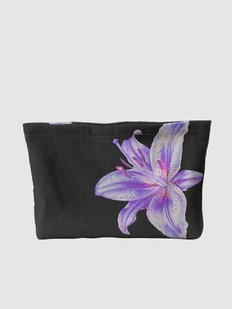 Fairycore Reversible Purple Lily Flower On Black Background Corduroy Cosmetic Bag