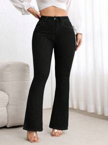 Flexra Plus Size High Waist Fitted Flare Leg Washed Dark Blue Jeans