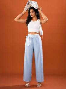 Hanevo 女式优雅条纹印花系带阔腿裤