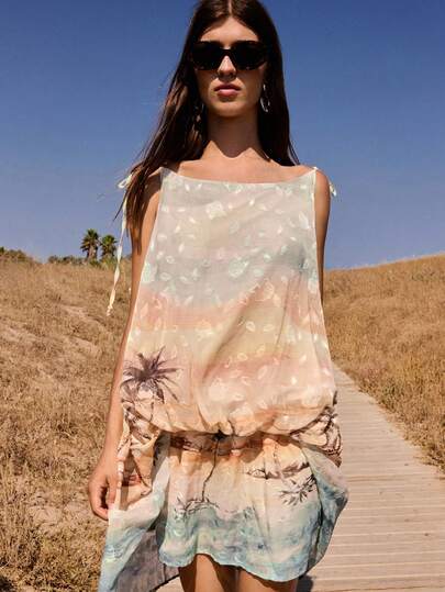 Maija Women's Island Print Summer Dress, Versatile, Modern, Casual, Comfortable, Loose Fit, Cinching Waist Design, Greek Style, Romantic, Beach, Ibiza Resort, Bohemian, Elegant Mini Dress Back-To-School Season Campus Wear Club Wear Youthful Casual Style Modern Vacation Nomadic Casual Fashion All-Match Women's Country Concert Clothing Western Style Women's Clothing Nomadic Style Bohemian High-End Elegance Hippie Top Resort Wear Tie Dye Top Seashell Top Beach Top Summer Top Boho Top