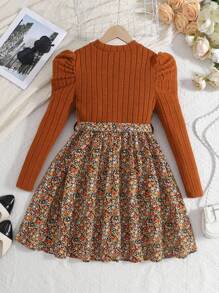 SHEIN Tween Girl Brown Color Boho Knitted Round Neck Long Sleeve Patchwork Ditsy Floral Dress, Suitable For Autumn Winter, Winter Dress For Holiday
