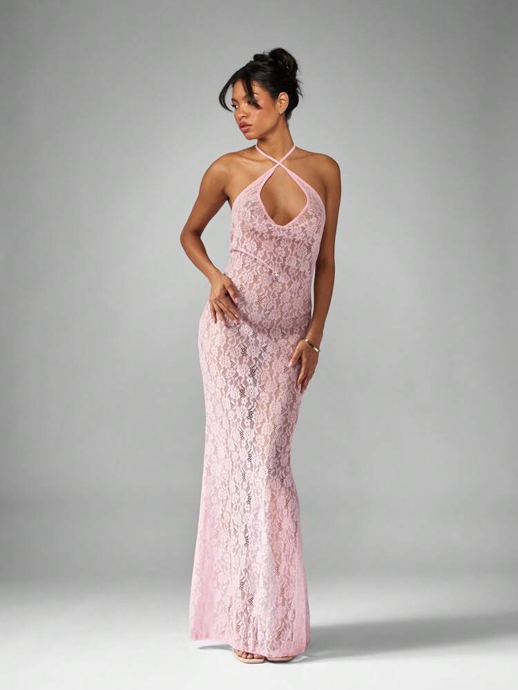 MISSGUIDED Robe longue cache-cœur en dentelle avec dos nu et lien à nouer