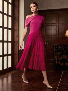 ZEYLAH Vestido largo de verano elegante para damas con cuello asimétrico, panel con aplicación de flor de jacquard y bajo acampanado - Rosa Fucsia - Ver 6