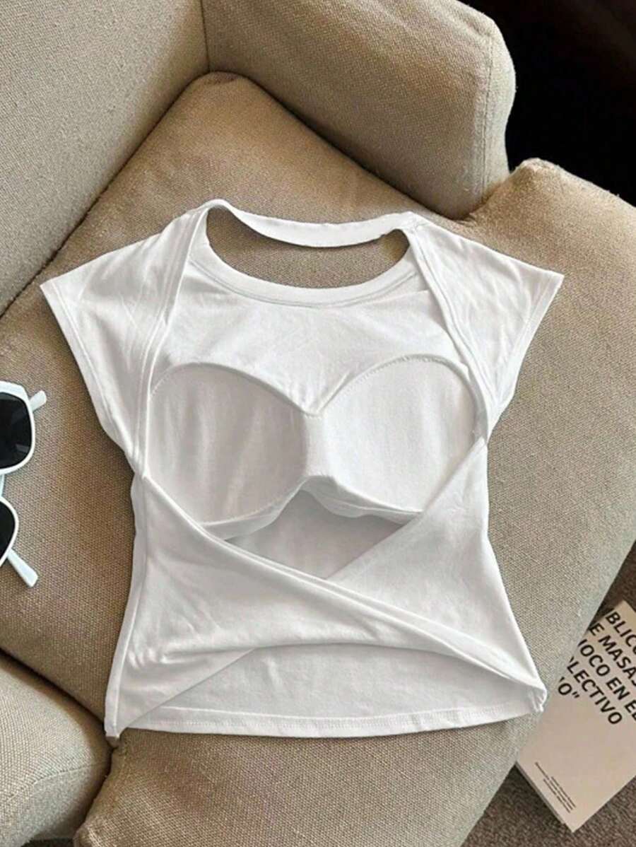 INAWLY Women's Plus Size Sexy Solid Backless T-Shirt, Summer - White - View 1